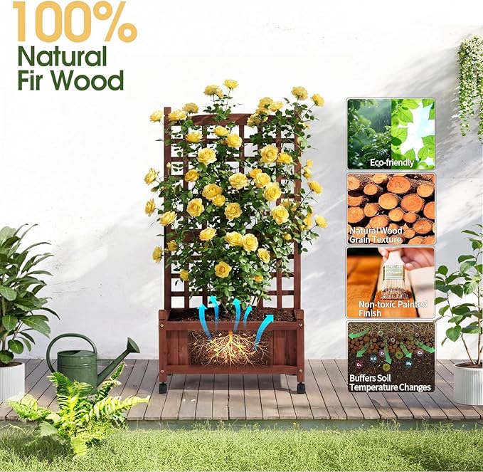 Outvita Mobile Wood Planter Box with Trellis &amp Locking Wheels Standing Raised Garden Bed with Drainage Holes for Outdoor Climbing Plants Vine Flowers Herbs (Cedar Brown)