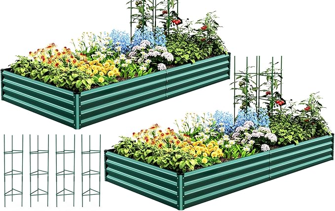 Quictent Galvanized Raised Garden Bed 8x4x1 Ft Metal Planter Box for Vegetables Bottomless for Backyard 2 Tomato Cages Included Green 2PCS