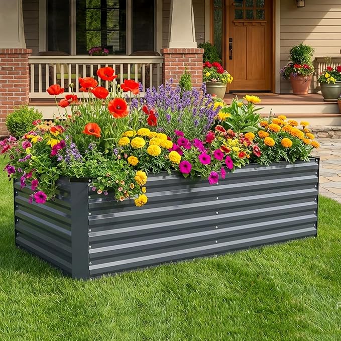 STBoo 6x3x2FT Galvanized Raised Garden Bed Outdoor Metal Raised Planter Box for Vegetables Elevated Rust-Resistant Rectangle Gardening Container Kit with Reinforced Panels for Backyard Patio(Grey)