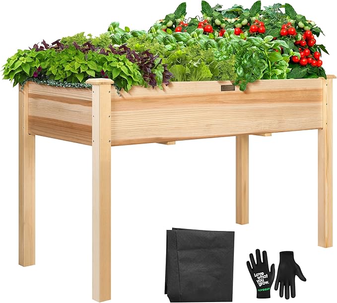 VIVOSUN Elevated Wooden Raised Garden Bed 48 x 24 x 30 Inches Outdoor Wood Planter Box w Bed Liner and Gloves for Garden Patio Balcony Backyard and Outdoors 220-Pound Capacity