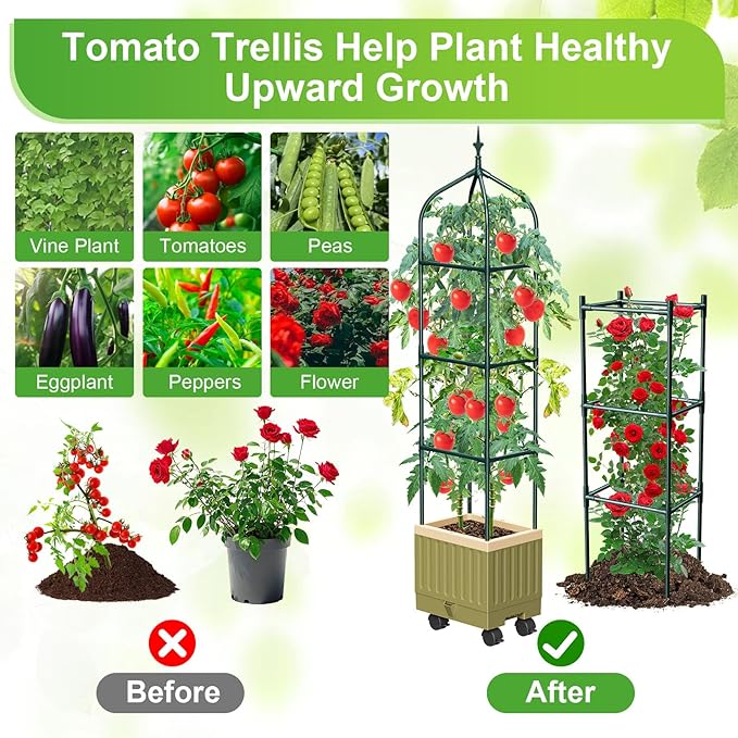 Raised Garden Bed Planter Box with Trellis 71 Self-Watering Tomato Planter with Wheels for Climbing Vegetable and Plants Tomato Cage Planters for Indoor Outdoor Patio Greenhouse Gardening (1Pack)