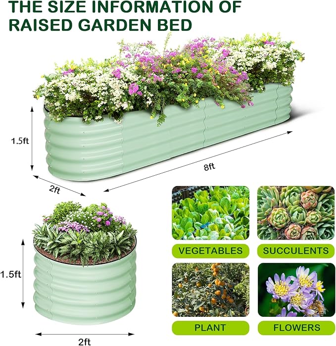 8x2x1.5ft Oval+2x2x1.5ft Round Galvanized Raised Garden BedPlanter Raised Garden Box OutdoorRaised Planter BoxLarge Planter Raised Bed for Vegetables Flowers FruitsRubber Edge Green