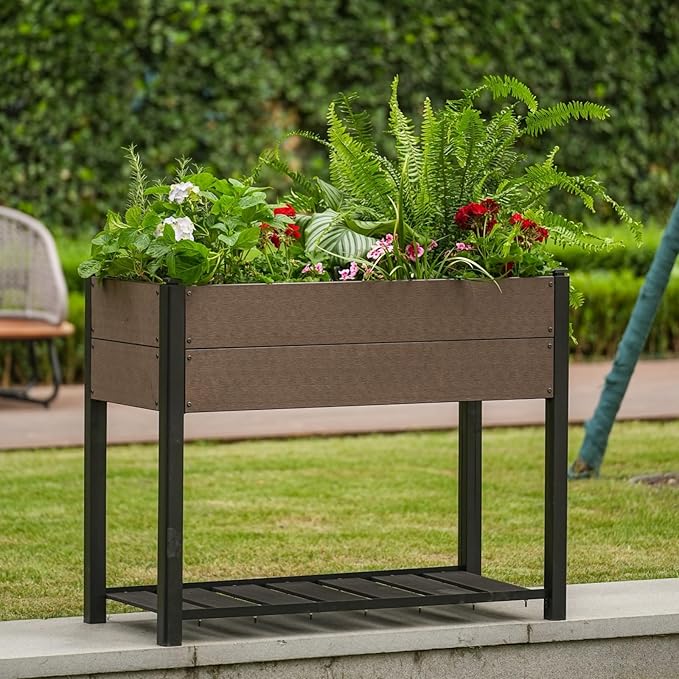 IDEALHOUSE All-Weather Elevated Garden Bed with Storage Shelf HDPE Wood Grain Planter Box Black Aluminum Frame Chemical-Free for Organic Veggies Herbs 42 L X33 H