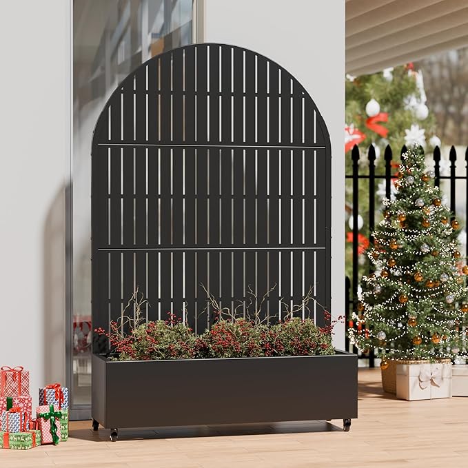 Casaphoria Metal Raised Garden Bed with Trellis and Wheels 72x47x16 Arched Planter Box for Climbing Plants Vegetables &amp Vines Features Drainage Holes and Privacy Screen (Black-Fence)
