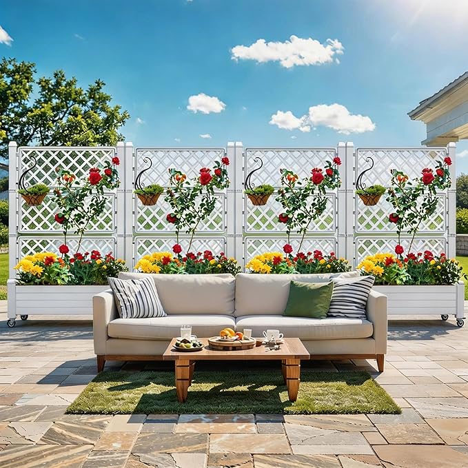 YITAHOME 43.3x17.7x61 in Planter Boxes Outdoor with Trellis 2pcs Resin Raised Garden Bed with Wheels &amp Drain Plug for Climbing Plants White