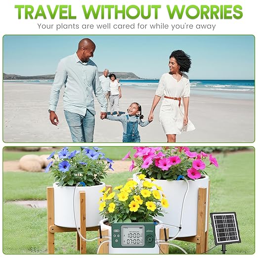 Solar Powered Dual Pump Drip Irrigation Kit for Outdoor Indoor Plants 2-Zone Smart Self-Watering System with USB Charging Automatic Plant Waterer for Garden Patio Balcony Vacation