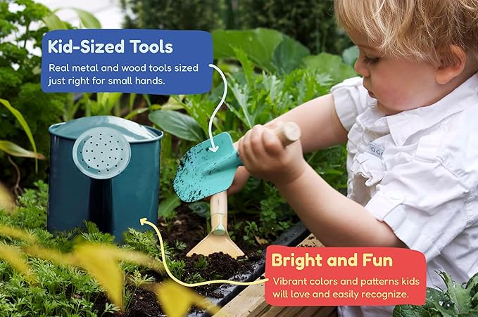 Gardening Set Tool Kit for Kids STEM Includes Tote Bag Spade Watering Can Rake Fork Trowel and Gloves (Ocean Blue)