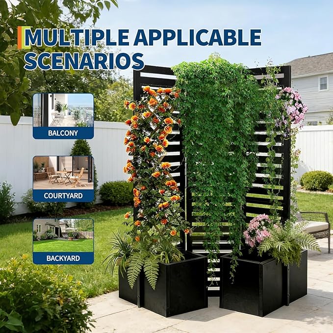 Freestanding Privacy Screen with Planter Box 3-Panel Garden Metal Fence 51x70x31 Inch Tall Outdoor Divider with 4 Self-Draining Raised Garden Beds for Patio Deck Backyard