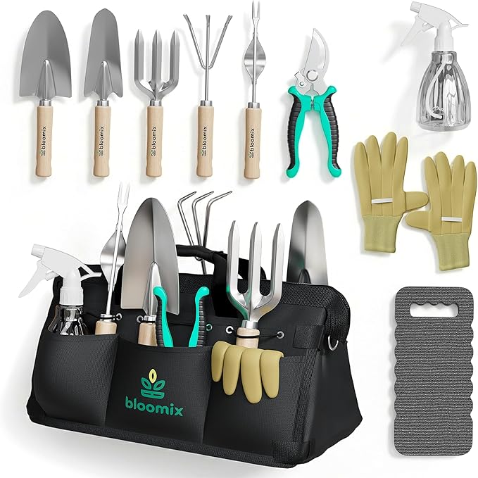 Bloomix 12Pcs Gardening Tools Set - Heavy Duty Garden Tools Set with Tool Bag Kneeling Pad Apron &amp More Garden Accessories - Stainless Steel Plant Care Kit Supplies Gardening Gifts for Women Me