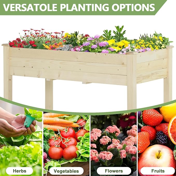 Elevated Herb Garden BedWooden Standing Planter Box with WheelLegs and Storage ShelfPatio Raised Garden Bed for HerbsVegetablesFlowers (Cream White 46.5 Inch)