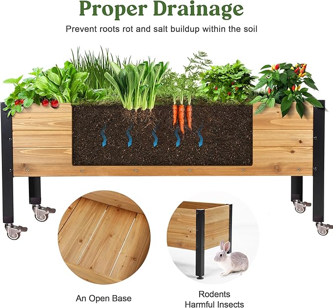 Wood Rectangular Garden Planter Box with Wheel Raised Garden Bed OutdoorPlanters for Outdoor Plants 37 * 13 * 15 Elevated Planter Box for Herbs Vegetables Flowers Outdoor Patio Deck Balcony