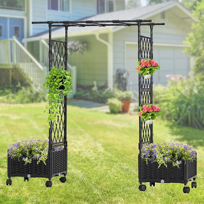 Planter Box with Trellis Outdoor 53.1in Plastic Raised Garden Bed with Trellis Hanging Roof for Vine Flower with Lockable Wheels &amp Drain Plug for Patio Backyard Balcony Black 1 Pc