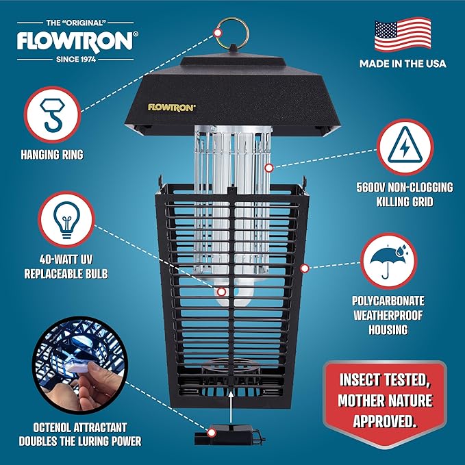 Flowtron Bug Zapper 1 Acre of Outdoor Coverage with Powerful 40W Bulb &amp 5600V Instant Killing Grid Electric Insect Fly &amp Mosquito Zapper Made in The USA