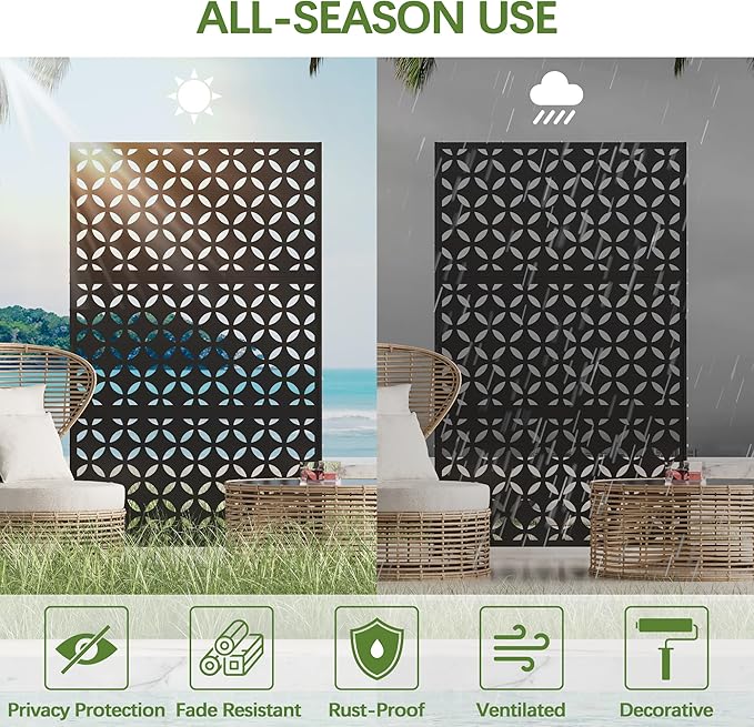 Cofar Metal Privacy Screen Outdoor 72 H×44 W -Black Freestanding Outdoor Privacy Panels with Stand Decorative Fence for Patio Deck Balcony（Clover）