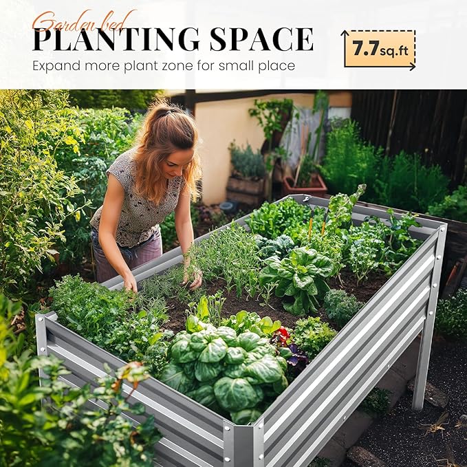 KING BIRD Large Raised Garden Bed with Legs Galvanized Elevated Planter Box 48×24×32 in for Backyard Patio Balcony 400lb Capacity Silver 2pcs