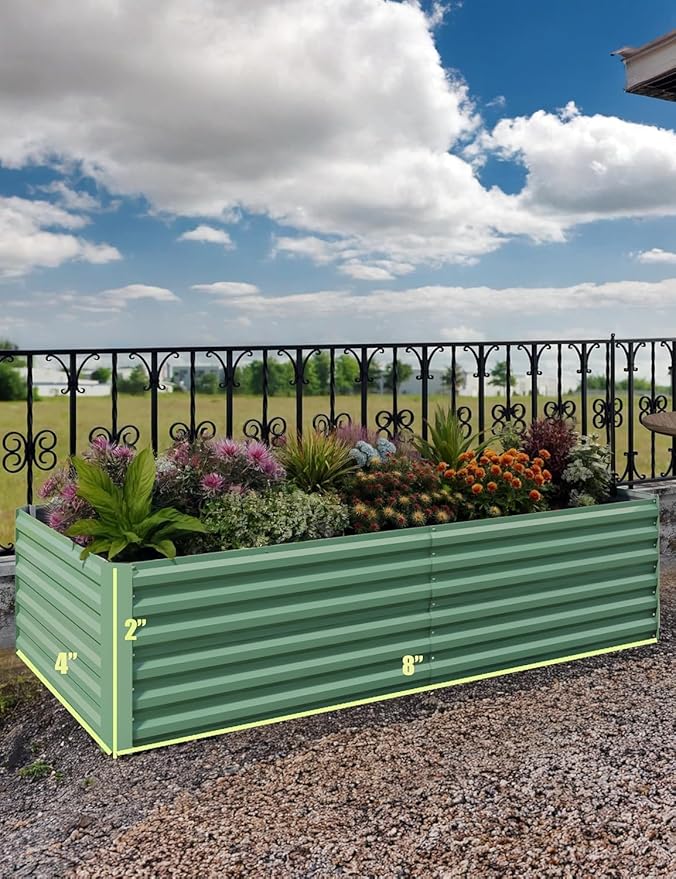 2 PCS 8x4x2 ft Galvanized Metal Raised Garden Bed 24-Inch Tall Heavy Duty Planter Box Rust-Resistant Outdoor Vegetable Herb &amp Flower Bed for Backyard Patio or Yard Green