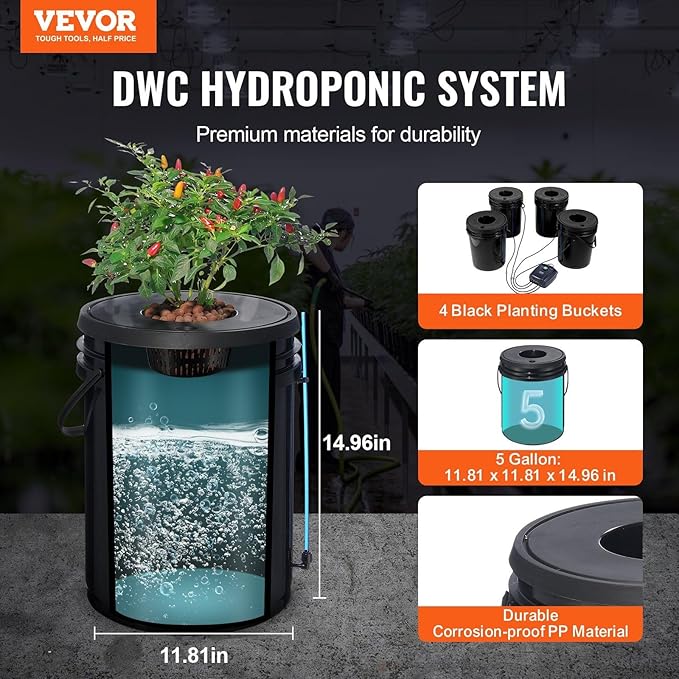 DWC Hydroponic System 5 Gallon 4 Buckets Deep Water Culture Growing Bucket Hydroponics Grow Kit with Pump Air Stone and Water Level Device for Indoor/Outdoor Leafy Vegetables