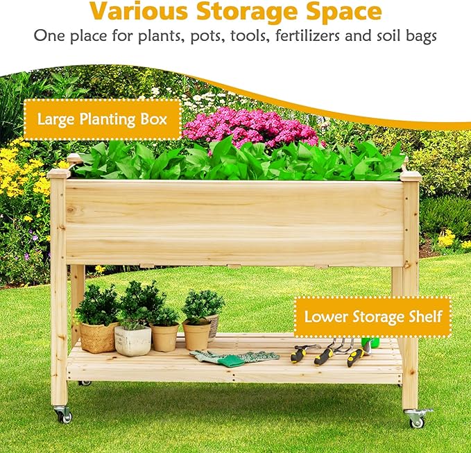 Giantex Raised Garden Bed on Wheels Wood Planter Box with Legs Liner Drain Holes Elevated Garden Bed for Vegetables Standing Garden Container for Backyard Patio 47.5 LX 23.5 WX 33 H