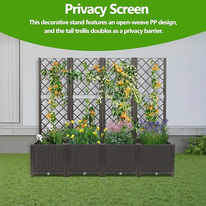 4 PCS Raised Garden Bed Planter Boxes Outdoor Planter with Trellis 63 L x 15.7 W x 56 H Planters for Climbing Plants - Interlocking Design Plant Box for Backyards Terraces Vegetables Flowers