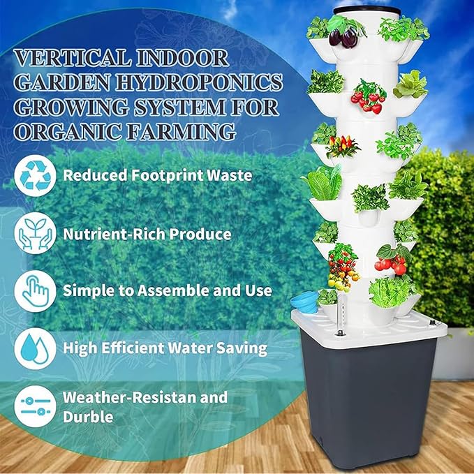 Aeroponics Growing Kit for Herbs Fruits &amp Vegetables - Hydroponic Tower System with 30 Holes Net Pots and Timer for Efficient Indoor Gardening