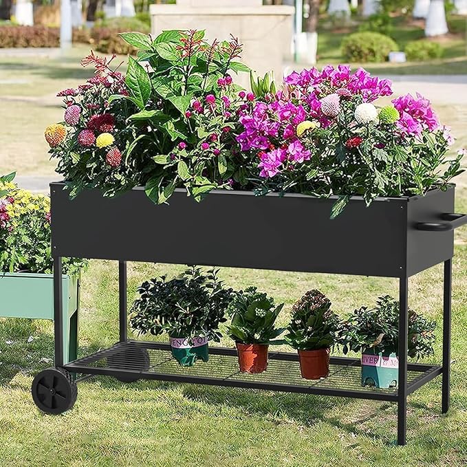 51 × 26 × 31.5 Inches Raised Garden Bed with Legs/Storage Shelf Mobile Planter Box for Outdoor Plants Elevated Garden Bed for Backyard Balcony Black