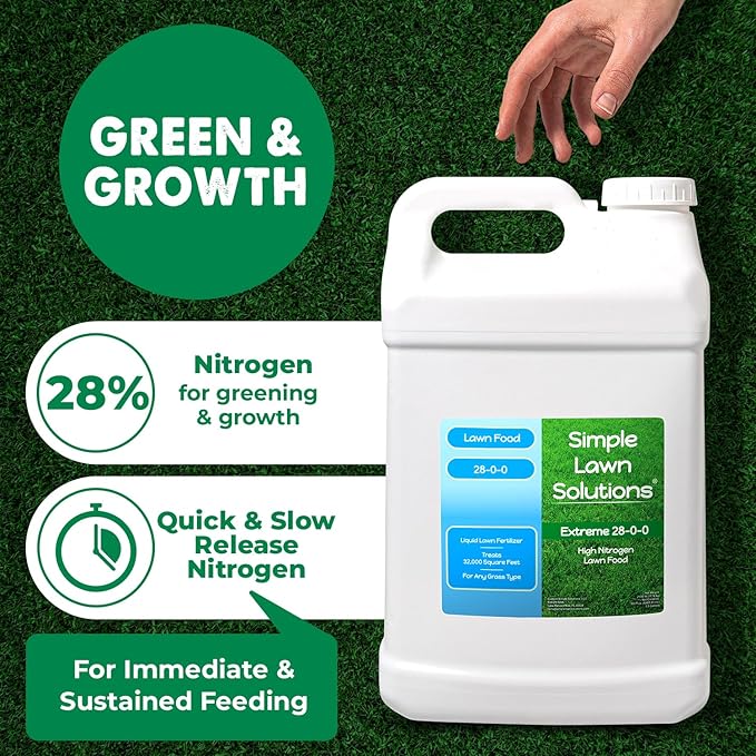Maximum Green &amp Growth Fertilizer High Nitrogen 28-0-0 Lawn Food Liquid Fertilizer- Spring &amp Summer- Any Grass Type- Simple Lawn Solutions - Concentrated Quick &amp Slow Release Formula (2.5