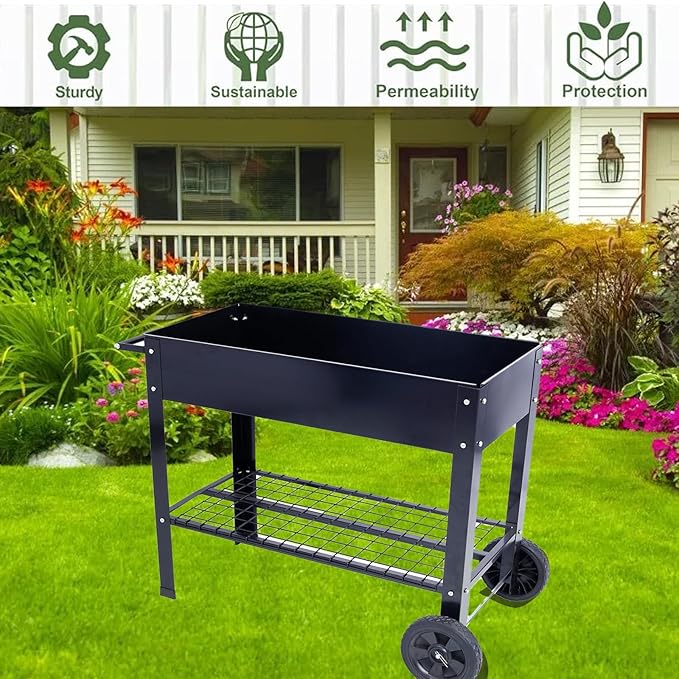 Products Elevated Mobile Raised Ergonomic Metal Planter Garden Bed for Backyard Patio w/Wheels Lower Shelf Black