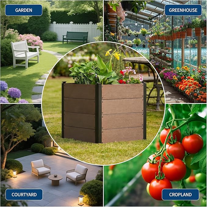 GarveeLife 25 x 25x 23 Wood Look Raised Garden Bed with Bottom Outdoor Planter Box for Vegetables &amp Herbs Durable Composite Deep Root Bed for Vegetables Flowers in Backyard Patio