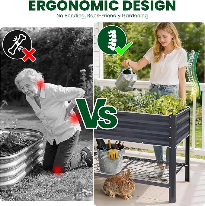 1MORE Elevated Raised Garden Bed with Legs &amp Storage Rack 48×24×32in Large Metal Raised Bed for Backyard Patio. Raised Planter Box with Drainage Holes for Plants Vegetables Flowers Fruits(Grey-1