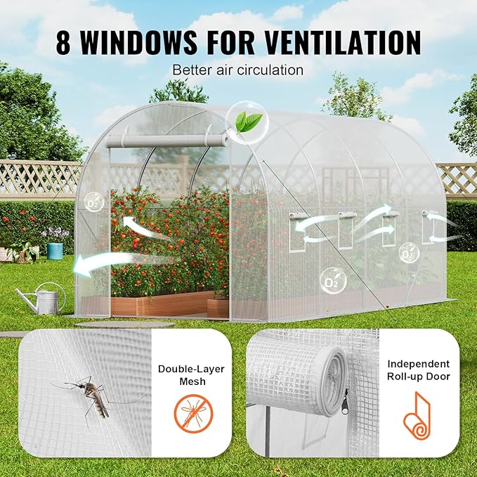 VEVOR Walk-in Tunnel Greenhouse 14.6x6.4x6.3 ft Hoop House Greenhouse Tunnel Plant Hot House with Galvanized Steel Frame White PE Cover Roll-up Zipper Door and 8 Windows for Outdoor
