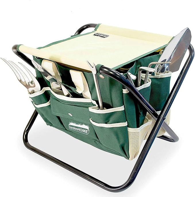 GardenHOME 7-Piece Green Gardening Tool Set – Stainless Steel Tools with Wooden Handles Folding Stool &amp Canvas Tote Durable Garden Kit for Every Gardener