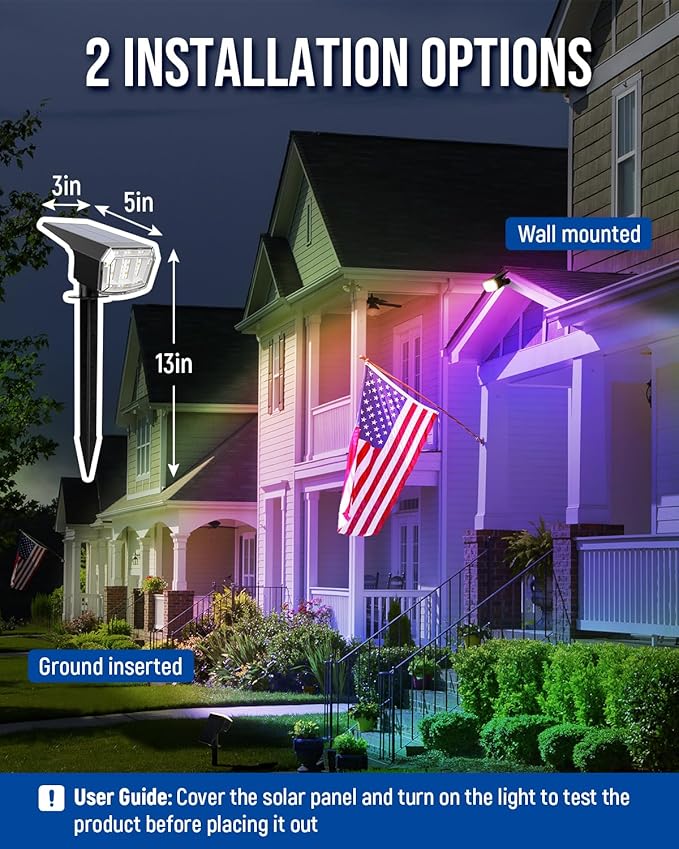 Solar Spot Lights Outdoor 9 Lighting Modes RGB Solar Lights Outdoor Waterproof IP65 63 LED Landscape Spotlights for Holiday Decorations