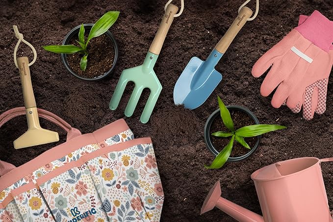 Gardening Set Tool Kit for Kids STEM Includes Tote Bag Spade Watering Can Rake Fork Trowel and Gloves (Petal)