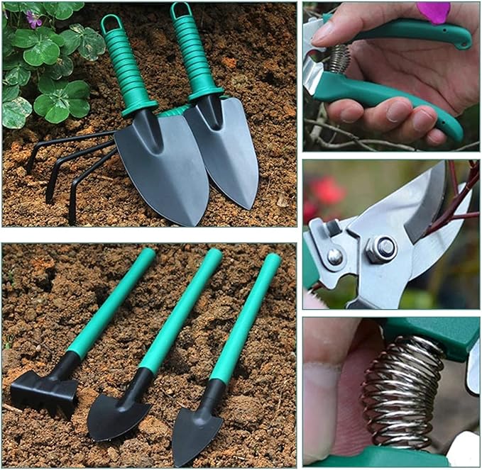 Garden Tools Set 10 PCS Garden Planting Tools Kit Stainless Steel Garden Tool Set Kit with Green Carrying Case &amp Ergonomic Handle for Weeding Loosening Soil Watering
