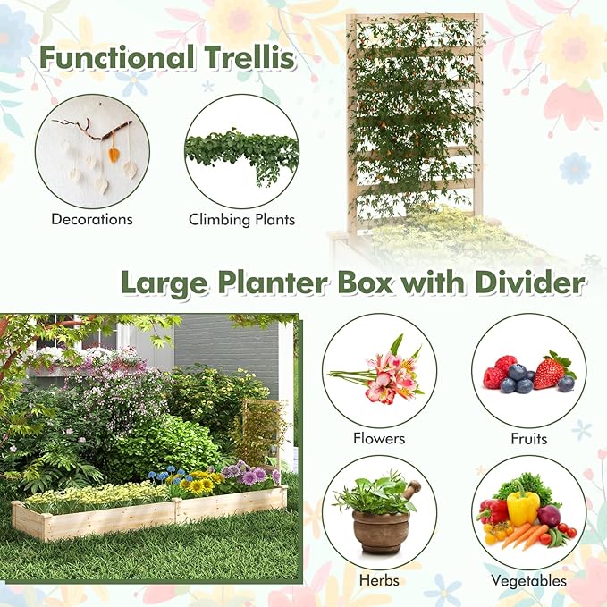 MAT EXPERT Raised Garden Bed with Trellis Natural Fir Wood Planter Box Outdoor for Vegetables &amp Flowers Fruits Cucumber Open-Ended Bottom Raised Flower Bed for Garden Patio Yard