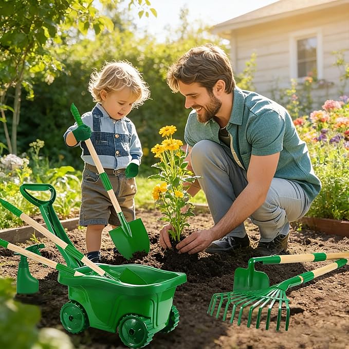 Duckura Kids Gardening Tools Bug Catcher Kit Outdoor Toys with Wheelbarrow Set and Shovel Rake Bug Catcher Kit Summer Yard Digging Weed Birthday Gifts Toys Easter for Boys Girls Age 2 3+
