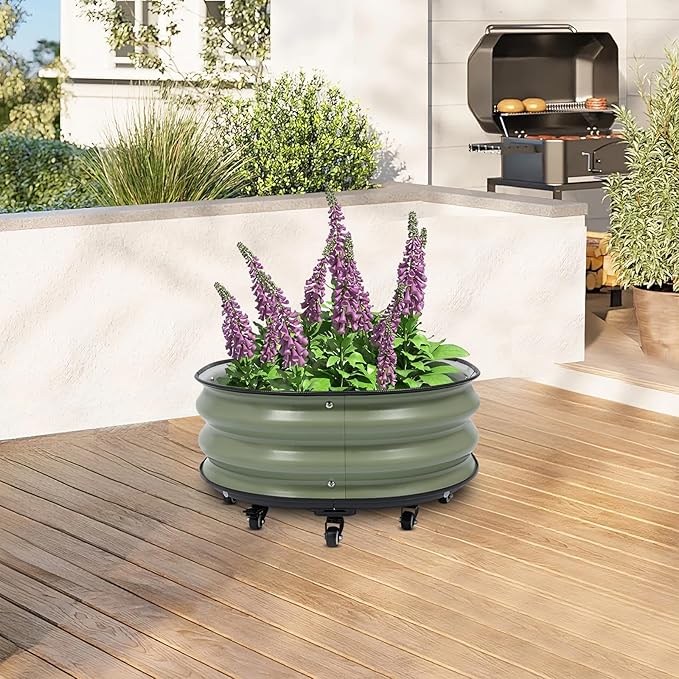 Metal Raised Garden Bed with Wheels and Removable Base 60x60x30cm Elevated Planter Box for Vegetables Flowers Round Iron Outdoor Gardening Container with Drainage Holes