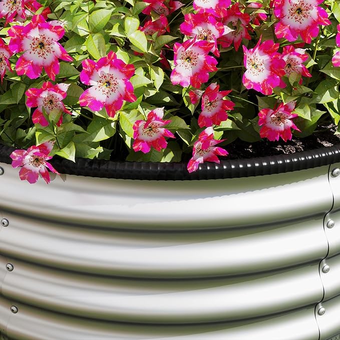 2X Galvanized Steel Outdoor Beds 35.4in Diameter x 16.9in Height – Open-Bottom Root-Friendly Rubber-Protected Edges Silver