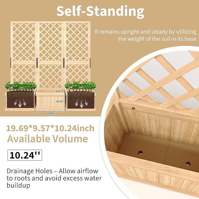 Outdoor Privacy Screen with Planter Box - 62x10x65 in Cedar Wood Garden Fence Panel 3 Hinged Freestanding Screens Drain Holes Raised Bed Kit for Backyard Patio &amp Deck