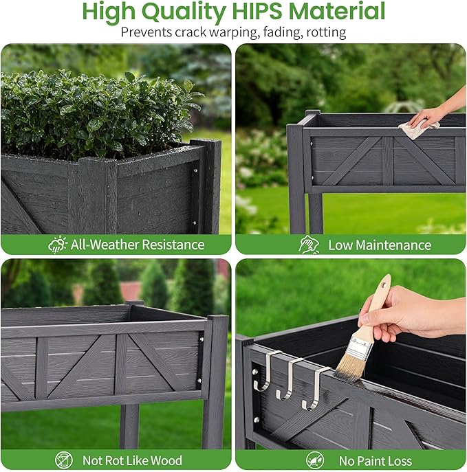 HIPS All-Weather Raised Garden Bed with Legs47.2L x 17.3W x 29.7H Large Elevated Planter Box with Wheels &amp HandleRaised Bed Planters with 3 Hooks &amp Non-Woven Liner for Vegetables Flower H