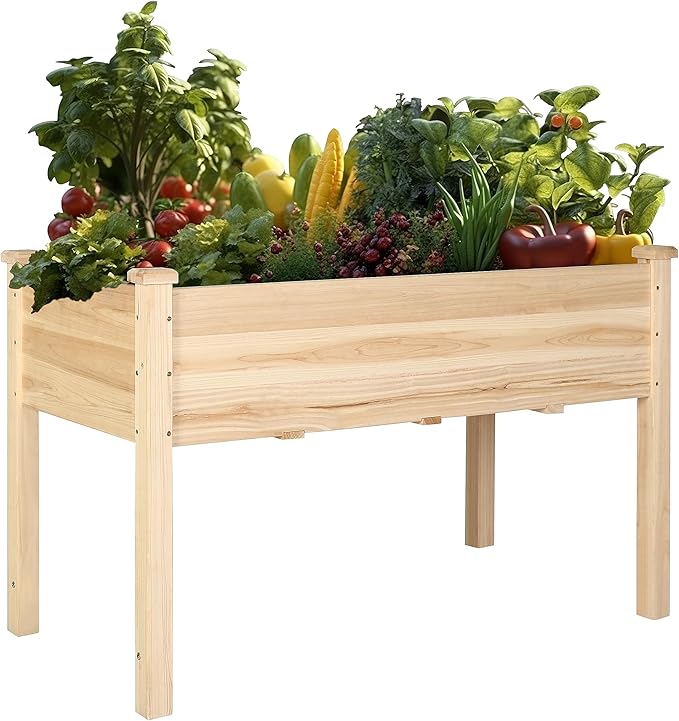 VEIKOU Raised Garden Bed Planter Box with Liner Drainage Holes Outdoor Raised Garden Bed with Legs for Vegetable Flower Herb 220 lbs Capacity Natural Wood