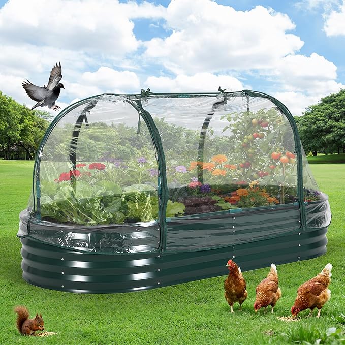 Garvee Large Oval Galvanized Raised Garden Bed Kit with Cover Zippered Screen Doors Open Base Design Thick Steel Easy Assembly Planter Box for Vegetables Flowers