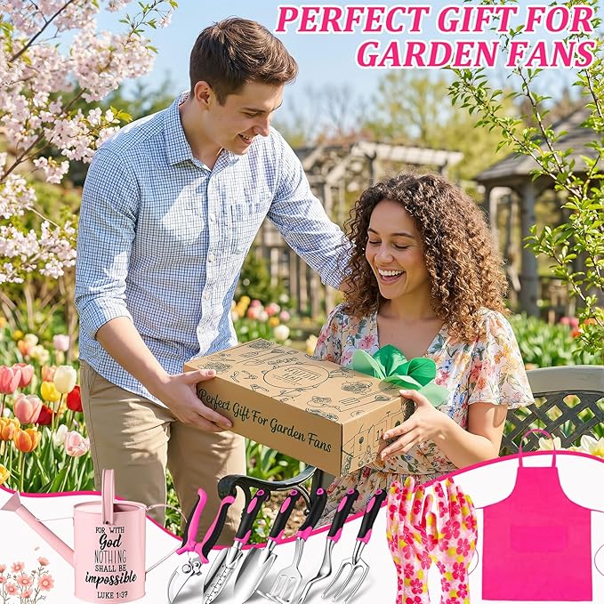 9 Pcs Garden Tools Set Gardening Gifts for Women Include 6 Heavy Duty Garden Hand Tools 1. 6L Christian Galvanized Metal Watering Can Apron Gloves Ideal Gifts for Women Mom Grandma(Pink)