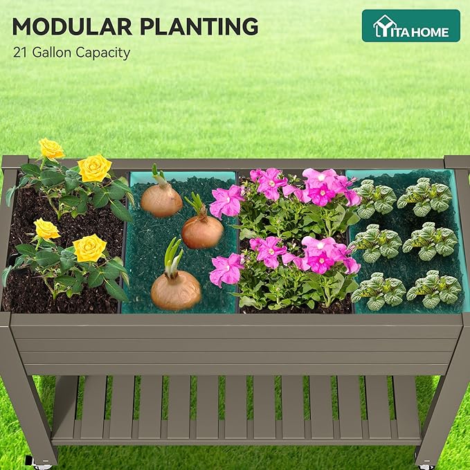 YITAHOME 3.6x1.5x2.8 FT Elevated Garden Bed Kit with Legs and Wheels Outdoor Large Resin Planter Box Stand with Drain Plug and Storage Shelf for Plants Vegetables Fruits Light Brown