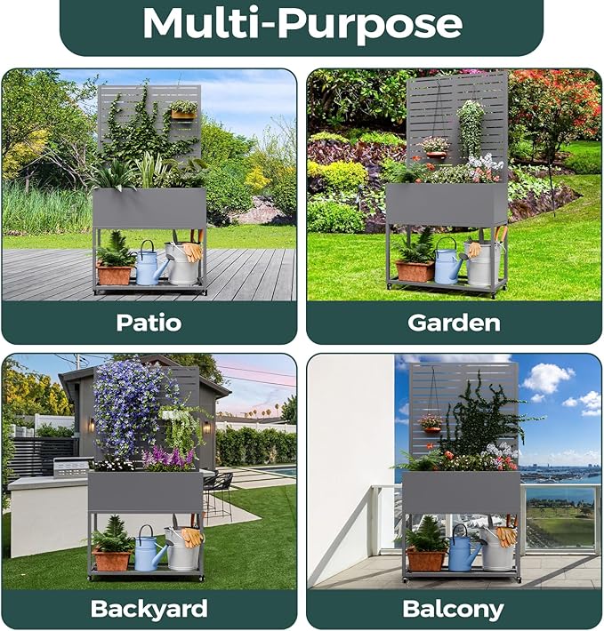 Metal Planter Box Multi-Functional &amp Easy to Assemble 67 H x 35 W Raised Garden Bed for Climbing Plants Elevated Standing Garden Planter with Drainage Holes for Outdoor Patio Grey