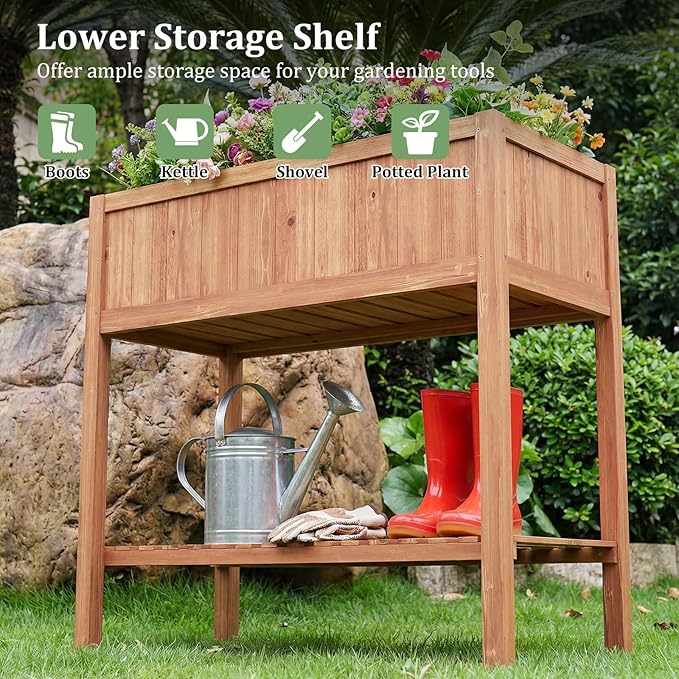 Giantex Raised Garden Bed Wood Planter Box with Plant Stand &amp Black Liner 40x20x39 Raised Bed for Indoor Outdoor Plants Vegetables Flower Herbs Fruit Gardening (2Reddish Brown)