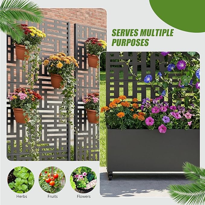 Casaphoria 72x35 Metal Raised Garden Bed with Trellis(2 Pack) Outdoor Planter Box with Wheels &amp Drainage Holes for Climbing Plants Flowers Elevated Garden Kit with Privacy Screen Black-Helen