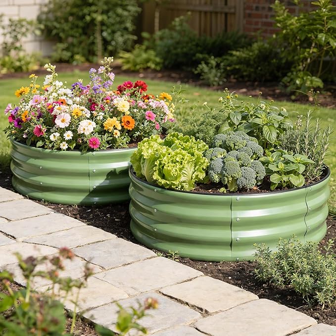 Galvanized Raised Garden Bed Outdoor 2Pcs | 4x4x1ft Metal Raised Beds for Gardening with Safety Rubber Strip | Round Planter Box for Plants Like Vegetables Fruits Flowers Olive Green