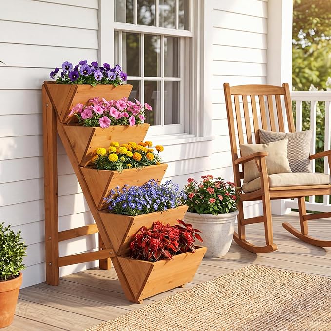 HAPPYGRILL Vertical Raised Garden Bed Freestanding Wood Elevated Planter Box w/Legs for Growing Vegetables Flowers Herbs Indoor Outdoor Tiered Plant Stand for Patio Yard Balcony Corner (25-Tier)