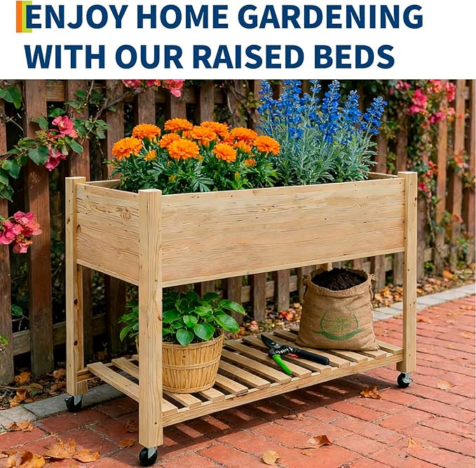 PioneerWorks 32 Tall Raised Garden Bed Elevated Wooden Horticulture Planter Box with Wheels &amp Shelf for Mobility Waterproof Liner Included 220 lbs Capacity for Outdoor/Indoor Use(Natural)